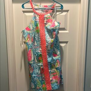 Lilly Pulitzer Sailboat Pattern Multicolor Dress with Coral Accents